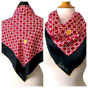 Vintage Jean Casanave Red Black Gold Square Silk Scarf Handrolled